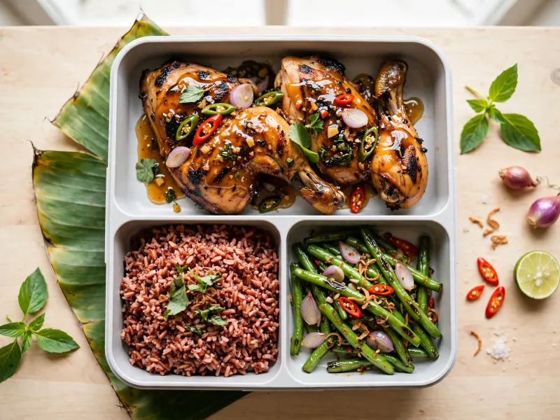 Ayam bakar madu woku dengan nasi merah dan tumis buncis