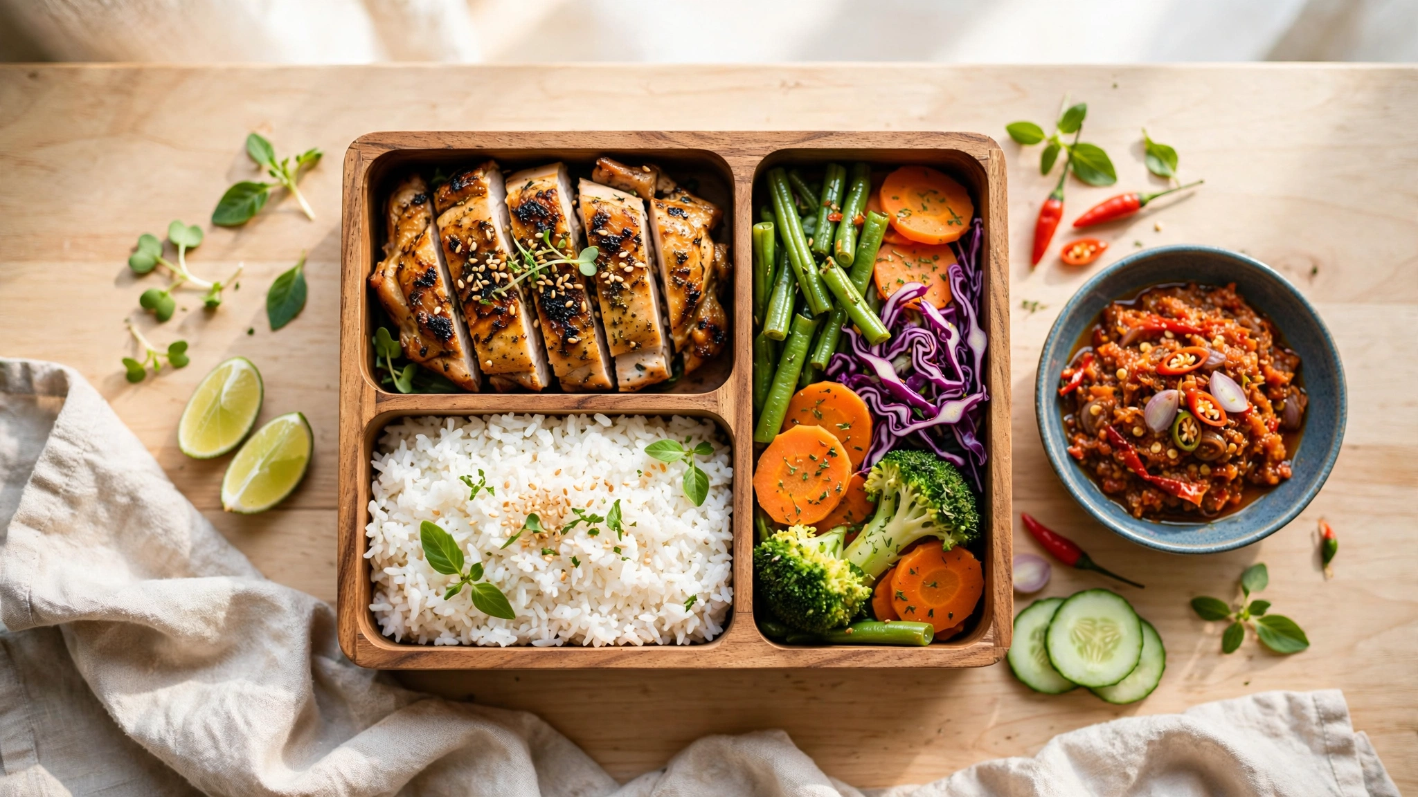 Piring makan siang MaretaFit: ayam bakar madu woku, nasi merah, dan tumis buncis