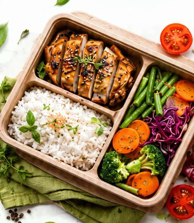 Boks makan siang MaretaFit: ayam bakar madu woku, nasi merah, dan sayuran segar
