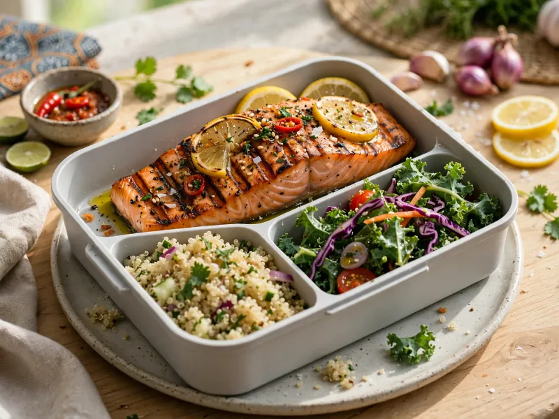 Salmon panggang lemon dengan quinoa dan salad kale